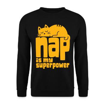 Schlafende Katze – Nap Is My Superpower - Unisex Pullover - Schwarz - Vorne - Alina (178cm) & Michal (187cm)