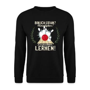 Bowling Spruch Hinsetzen! Zugucken! Lernen! Bowler - Unisex Pullover - Schwarz - Vorne - Alina (178cm) & Michal (187cm)