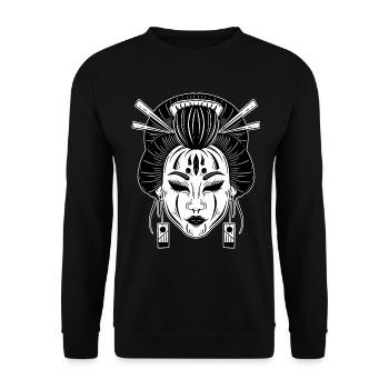 Schädel Skull Horror Skelett Halloween Geisha - Unisex Pullover - Schwarz - Vorne - Alina (178cm) & Michal (187cm)