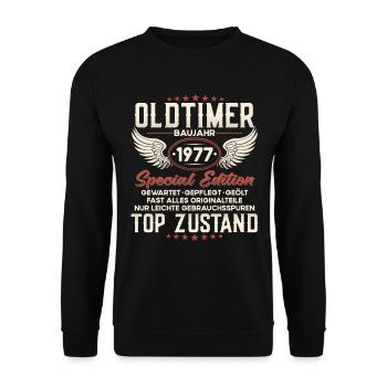 Oldtimer Baujahr 1977 Geburtstag Geschenk - Unisex Pullover - Schwarz - Vorne - Alina (178cm) & Michal (187cm)