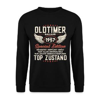 Oldtimer Baujahr 1957 Geburtstag Geschenk - Unisex Pullover - Schwarz - Vorne - Alina (178cm) & Michal (187cm)