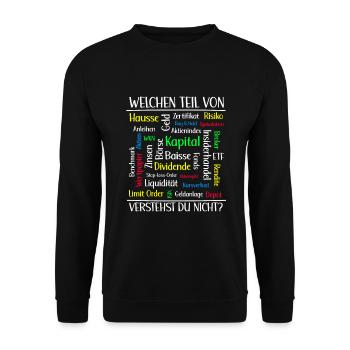 Aktien Geld ETF Börse Anliegen Geschenk - Unisex Pullover - Schwarz - Vorne - Alina (178cm) & Michal (187cm)