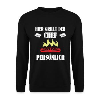 Hier Grillt Der Chef Persönlich - Grillmeister BBQ - Unisex Pullover - Schwarz - Vorne - Alina (178cm) & Michal (187cm)