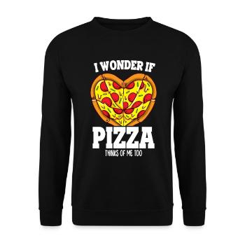 Lustig frage ich mich, ob Pizza auch an mich denkt Pizza-Fan - Unisex Pullover - Schwarz - Vorne - Alina (178cm) & Michal (187cm)