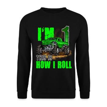 1. Geburtstag Monster Truck für Jungen & Mädchen 1 Jahr - Unisex Pullover - Schwarz - Vorne - Alina (178cm) & Michal (187cm)