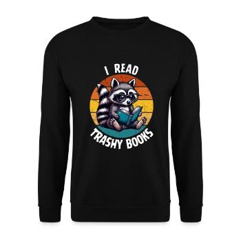 Buch Bücher Waschbär Lesen Literatur Lustig Retro - Unisex Pullover - Schwarz - Vorne - Alina (178cm) & Michal (187cm)