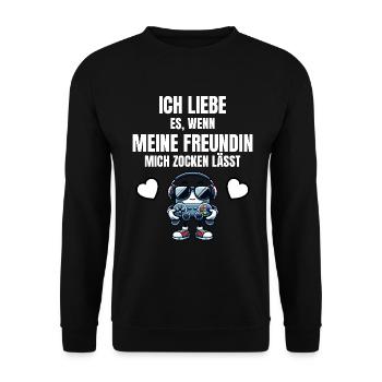 Lustiges Gaming Design Freundin mich zocken lässt - Unisex Pullover - Schwarz - Vorne - Alina (178cm) & Michal (187cm)
