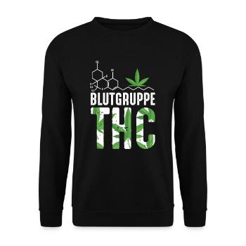 Blutgruppe THC | Lustiges Cannabis Druffi Geschenk - Unisex Pullover - Schwarz - Vorne - Alina (178cm) & Michal (187cm)