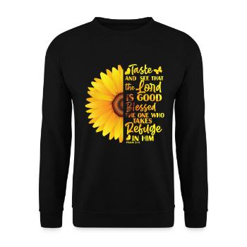 Christlicher Bibelvers Religion Sonnenblume Blume - Unisex Pullover - Schwarz - Vorne - Alina (178cm) & Michal (187cm)