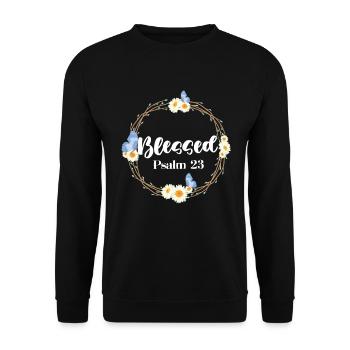 Christlicher Bibelvers Blume Schmetterling - Unisex Pullover - Schwarz - Vorne - Alina (178cm) & Michal (187cm)