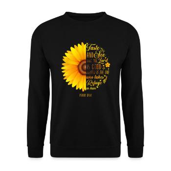 Christlicher Bibelvers Religion Sonnenblume Blume - Unisex Pullover - Schwarz - Vorne - Alina (178cm) & Michal (187cm)
