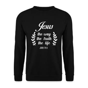 Christlicher Bibelvers Religion Kreuz - Unisex Pullover - Schwarz - Vorne - Alina (178cm) & Michal (187cm)