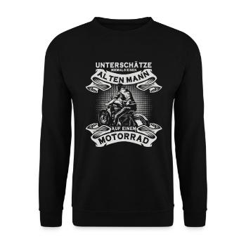 Motorrad Unterschätze Niemals Einen Alten Mann - Unisex Pullover - Schwarz - Vorne - Alina (178cm) & Michal (187cm)
