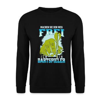 Eilige Dartspieler die zum Spiel wollen - Unisex Pullover - Schwarz - Vorne - Alina (178cm) & Michal (187cm)