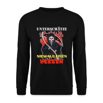 Hessen unterschätze keinen aus Hessen Skull Design - Unisex Pullover - Schwarz - Vorne - Alina (178cm) & Michal (187cm)