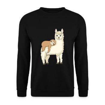 Lustiges Faultier reitet Lama - Unisex Pullover - Schwarz - Vorne - Alina (178cm) & Michal (187cm)