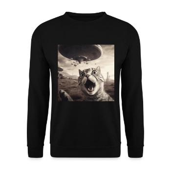 Funny Anxious Cats Selfie UFO Alien - Unisex Sweatshirt - black - Front - Alina (178cm) & Michal (187cm)
