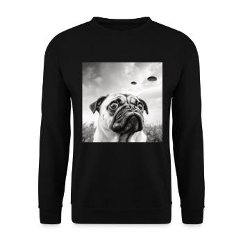 Selfie Mops Ufo Hund Lustige Alien Ufo - Unisex Pullover - Schwarz - Vorne - Alina (178cm) & Michal (187cm)