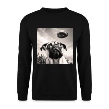 Selfie Mops Ufo Hund Lustige Alien Ufo - Unisex Pullover - Schwarz - Vorne - Alina (178cm) & Michal (187cm)