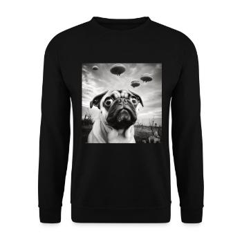 Selfie Mops Ufo Hund Lustige Alien Ufo - Unisex Pullover - Schwarz - Vorne - Alina (178cm) & Michal (187cm)