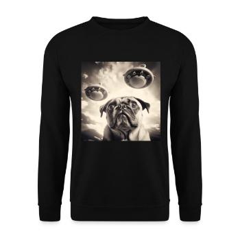 Selfie Mops Ufo Hund Lustige Alien Ufo - Unisex Pullover - Schwarz - Vorne - Alina (178cm) & Michal (187cm)