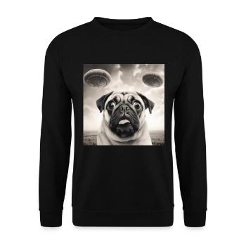 Selfie Mops Ufo Hund Lustige Alien Ufo - Unisex Pullover - Schwarz - Vorne - Alina (178cm) & Michal (187cm)