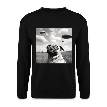 Selfie Mops Ufo Hund Lustige Alien Ufo - Unisex Pullover - Schwarz - Vorne - Alina (178cm) & Michal (187cm)