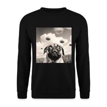 Selfie Mops Ufo Hund Lustige Alien Ufo - Unisex Pullover - Schwarz - Vorne - Alina (178cm) & Michal (187cm)