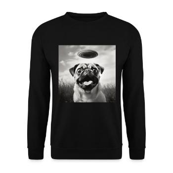 Selfie Mops Ufo Hund Lustige Alien Ufo - Unisex Pullover - Schwarz - Vorne - Alina (178cm) & Michal (187cm)