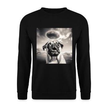 Selfie Mops Ufo Hund Lustige Alien Ufo - Unisex Pullover - Schwarz - Vorne - Alina (178cm) & Michal (187cm)