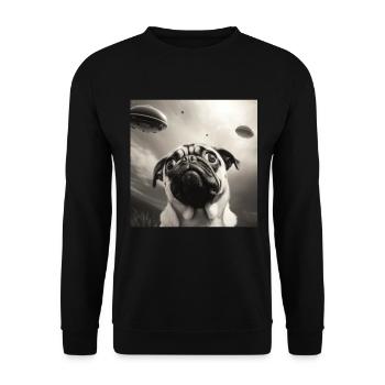 Selfie Mops Ufo Hund Lustige Alien Ufo - Unisex Pullover - Schwarz - Vorne - Alina (178cm) & Michal (187cm)