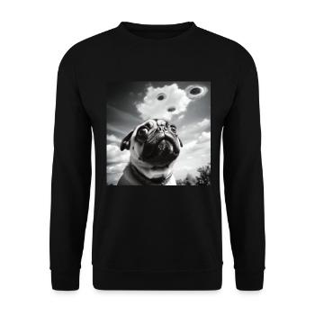 Selfie Mops Ufo Hund Lustige Alien Ufo - Unisex Pullover - Schwarz - Vorne - Alina (178cm) & Michal (187cm)