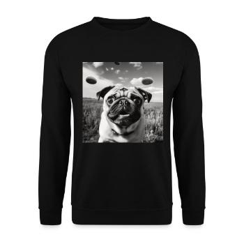 Selfie Mops Ufo Hund Lustige Alien Ufo - Unisex Pullover - Schwarz - Vorne - Alina (178cm) & Michal (187cm)