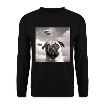 Selfie Mops Ufo Hund Lustige Alien Ufo - Unisex Pullover - Schwarz - Vorne - Alina (178cm) & Michal (187cm)