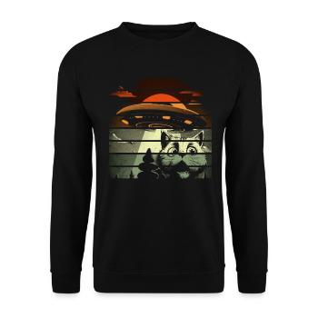 Lustige Katzen -Selfie Ufos Alien Spaceship Kitty - Unisex Pullover - Schwarz - Vorne - Alina (178cm) & Michal (187cm)