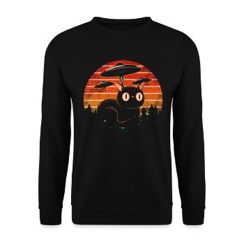 Lustige Katzen -Selfie Ufos Alien Spaceship Kitty - Unisex Pullover - Schwarz - Vorne - Alina (178cm) & Michal (187cm)