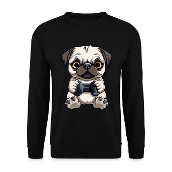 Süßer Mopshund Gamer Gaming Mops Hundeliebhaber - Unisex Pullover - Schwarz - Vorne - Alina (178cm) & Michal (187cm)