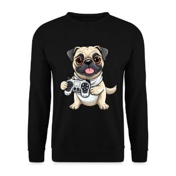 Süßer Mopshund Gamer Gaming Mops Hundeliebhaber - Unisex Pullover - Schwarz - Vorne - Alina (178cm) & Michal (187cm)