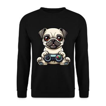 Süßer Mopshund Gamer Gaming Mops Hundeliebhaber - Unisex Pullover - Schwarz - Vorne - Alina (178cm) & Michal (187cm)