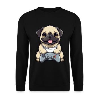 Süßer Mopshund Gamer Gaming Mops Hundeliebhaber - Unisex Pullover - Schwarz - Vorne - Alina (178cm) & Michal (187cm)