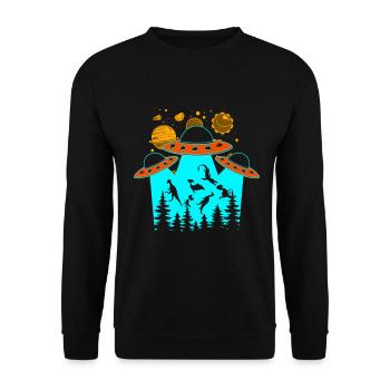 Alien Dinosaur UFO Abduction - Unisex Sweatshirt - black - Front - Alina (178cm) & Michal (187cm)