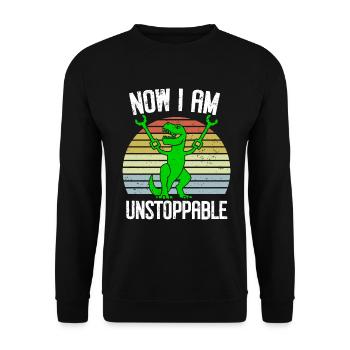 Rétro Maintenant je suis imparable Drôle T-Rex Dinosaure - Sweat-shirt Unisexe - noir - Devant - Alina (178cm) & Michal (187cm)