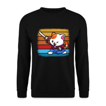 Japanische Samurai -Katzenkrieger Retro Ninja - Unisex Pullover - Schwarz - Vorne - Alina (178cm) & Michal (187cm)