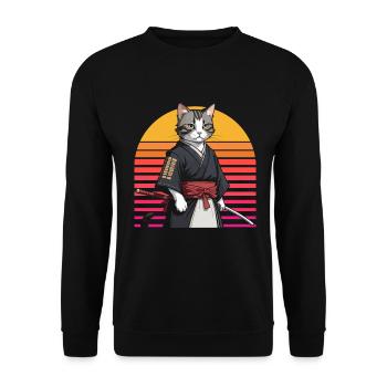 Japanische Samurai -Katzenkrieger Retro Ninja - Unisex Pullover - Schwarz - Vorne - Alina (178cm) & Michal (187cm)