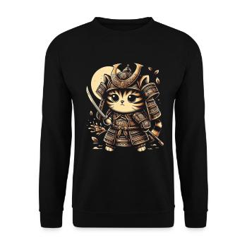 Japanische Samurai -Katzenkrieger Retro Ninja - Unisex Pullover - Schwarz - Vorne - Alina (178cm) & Michal (187cm)
