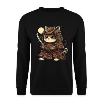 Japanische Samurai -Katzenkrieger Retro Ninja - Unisex Pullover - Schwarz - Vorne - Alina (178cm) & Michal (187cm)
