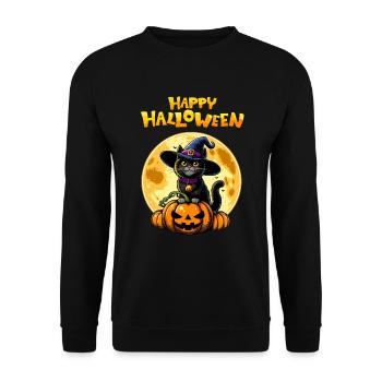 Happy Halloween Kürbis Katze Vollmond Niedlich Fun - Unisex Pullover - Schwarz - Vorne - Alina (178cm) & Michal (187cm)