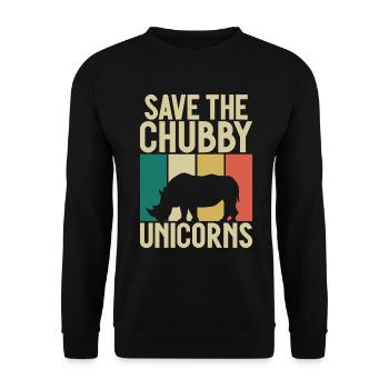 Speichern Sie Die Molligen Einhörner Fat Rino - Unisex Pullover - Schwarz - Vorne - Alina (178cm) & Michal (187cm)