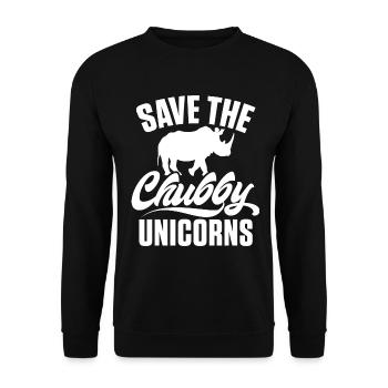Speichern Sie Die Molligen Einhörner Fat Rino - Unisex Pullover - Schwarz - Vorne - Alina (178cm) & Michal (187cm)