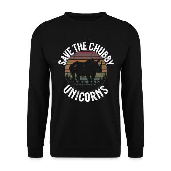 Speichern Sie Die Molligen Einhörner Fat Rino - Unisex Pullover - Schwarz - Vorne - Alina (178cm) & Michal (187cm)